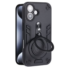 For iPhone 16 Case Rotatable Kickstand PC+TPU Drop Protection Phone Cover - Black