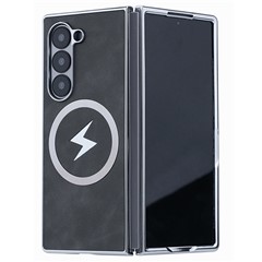 For Samsung Galaxy Z Fold6 5G Magnetic Case Leather+PC+Metal Phone Cover - Black