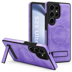 For Samsung Galaxy S25 Ultra Magnetic Case with Folded Kickstand PC Silicone Leather Phone Back Cover  - Light Purple