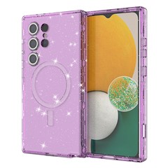 For Samsung Galaxy S24 Ultra Magnetic Case Glitter Clear Phone Back Cover with Lens Film - Transparent Purple