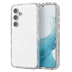 For Samsung Galaxy S24 Magnetic Case Glitter Clear Phone Back Cover with Lens Film - Transparent