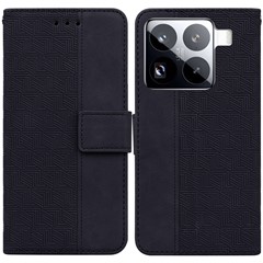 For Xiaomi 15 Pro Case Geometry Pattern Leather Wallet Phone Cover with Wrist Strap - Black