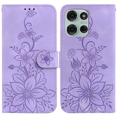 For Motorola Moto G75 5G Case Lily Flower Imprint Leather Phone Cover with Stand - Purple