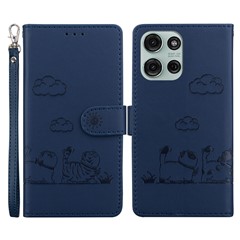 For Motorola Moto G75 5G Case RFID Blocking Kitten Pattern TPU+PU Leather Phone Cover - Blue