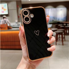 For iPhone 16 Plus Case Love Heart Pattern TPU Phone Cover Electroplating Edge - Black