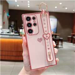 For Samsung Galaxy S25 Ultra Case Wristband Kickstand Love Heart TPU Phone Cover Finger Holder - Pink