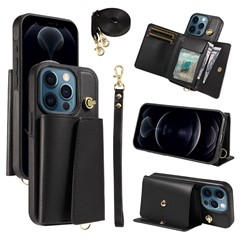 For iPhone 12 Pro Max Crossbody Phone Case Card Holder Kickstand Leather Coated TPU Mobile Cover - Black