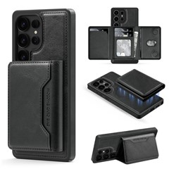 For Samsung Galaxy S25 Ultra Magnetic Case Leather Back Phone Cover with Detachable Card Bag - Black