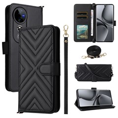 Wallet Phone Case for vivo T3 Ultra 5G  / V40 Pro 5G  / V40 5G  / S19 Pro 5G Leather Cover with Shoulder / Wrist Strap - Black