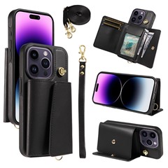 For iPhone 14 Pro Max Crossbody Phone Case Card Holder Kickstand Leather Coated TPU Mobile Cover - Black