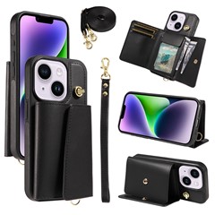 For iPhone 15 Plus / 14 Plus Crossbody Phone Case Card Holder Kickstand Leather Coated TPU Mobile Cover - Black