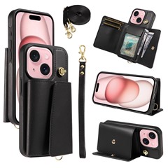 For iPhone 15 Crossbody Phone Case Card Holder Kickstand Leather Coated TPU Mobile Cover - Black