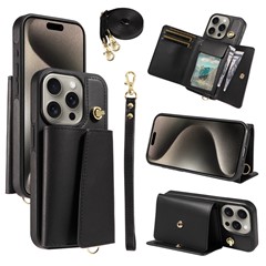 For iPhone 15 Pro Max Crossbody Phone Case Card Holder Kickstand Leather Coated TPU Mobile Cover - Black