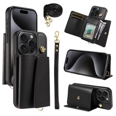 For iPhone 15 Pro Crossbody Phone Case Card Holder Kickstand Leather Coated TPU Mobile Cover - Black