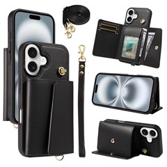 For iPhone 16 Crossbody Phone Case Card Holder Kickstand Leather Coated TPU Mobile Cover - Black