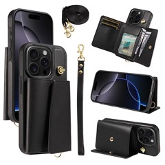 For iPhone 16 Pro Crossbody Phone Case Card Holder Kickstand Leather Coated TPU Mobile Cover - Black