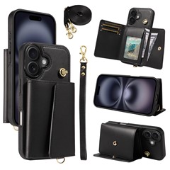 For iPhone 16 Plus Crossbody Phone Case Card Holder Kickstand Leather Coated TPU Mobile Cover - Black