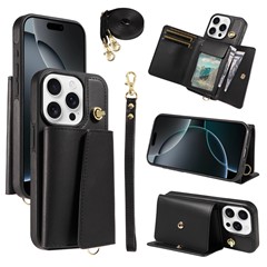 For iPhone 16 Pro Max Crossbody Phone Case Card Holder Kickstand Leather Coated TPU Mobile Cover - Black