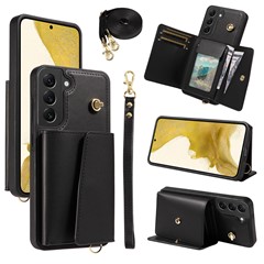 For Samsung Galaxy S22+ 5G Crossbody Phone Case Card Holder Kickstand Leather Coated TPU Mobile Cover - Black