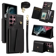 For Samsung Galaxy S22 Ultra 5G Crossbody Phone Case Card Holder Kickstand Leather Coated TPU Mobile Cover - Black