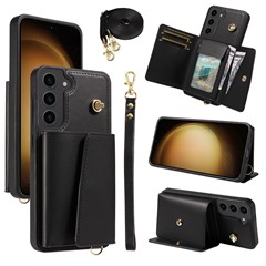For Samsung Galaxy S23+ Crossbody Phone Case Card Holder Kickstand Leather Coated TPU Mobile Cover - Black
