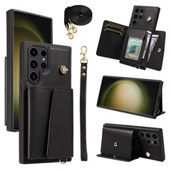 For Samsung Galaxy S23 Ultra Crossbody Phone Case Card Holder Kickstand Leather Coated TPU Mobile Cover - Black