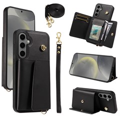 For Samsung Galaxy S24+ Crossbody Phone Case Card Holder Kickstand Leather Coated TPU Mobile Cover - Black