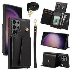 For Samsung Galaxy S24 Ultra Crossbody Phone Case Card Holder Kickstand Leather Coated TPU Mobile Cover - Black