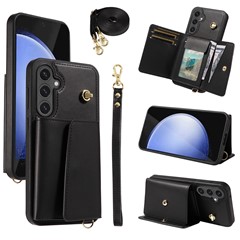 For Samsung Galaxy S24 FE Crossbody Phone Case Card Holder Kickstand Leather Coated TPU Mobile Cover - Black