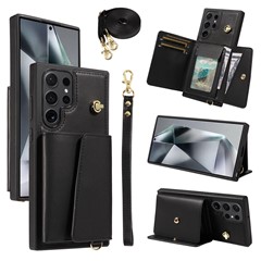 For Samsung Galaxy S25 Ultra Crossbody Phone Case Card Holder Kickstand Leather Coated TPU Mobile Cover - Black