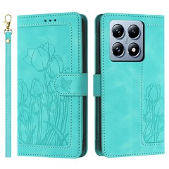 For Xiaomi 14T Pro Tulip Leather Case Phone Cover with 5 Card Slots Wallet - Green