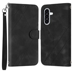 For Samsung Galaxy A26 5G Case Imprinted Line Leather Phone Cover with Handy Strap - Black