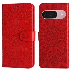 For Google Pixel 9a Case Sunflower Imprint Leather Wallet Phone Cover - Red