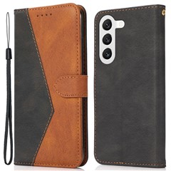 For Samsung Galaxy A26 5G Cover Color Splicing Wallet Stand Leather Phone Case with Wrist Strap - Black Brown