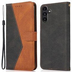 For Samsung Galaxy A36 5G Cover Color Splicing Wallet Stand Leather Phone Case with Wrist Strap - Black Brown