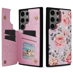 For Samsung Galaxy S25 Ultra Case Flower Leather TPU RFID Blocking Phone Cover Card Slots - Rose