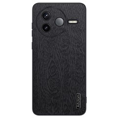 For Xiaomi Poco F7 Pro 5G / Redmi K80 5G Case Wood Texture PU Leather Coated PC TPU Phone Cover - Black