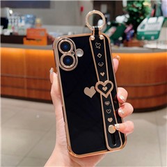 For iPhone 16 Plus Case Wristband Kickstand Love Heart TPU Phone Cover Finger Holder - Black