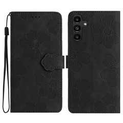 For Samsung Galaxy A56 5G Case Flower Design Leather Wallet Phone Cover with Wrist Strap - Black