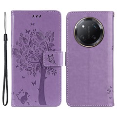 For Honor X60 Pro 5G / Magic7 Lite 5G / X9c 5G Phone Case with Stand Cat Tree Pattern Leather Wallet Mobile Cover - Light Purple