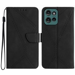 For Motorola Moto G 5G (2025) Case Skin-Touch Lines PU Leather Flip Phone Cover - Black
