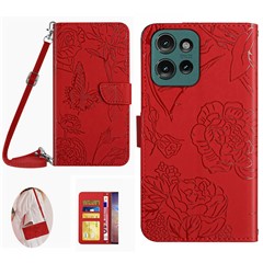 For Motorola Moto G 5G (2025) Case Butterfly Flower Imprint Leather Phone Cover with Shoulder Strap - Red