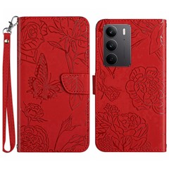 For Realme C75 4G Case Leather Phone Cover with Strap, Butterfly Flower Imprint - Red