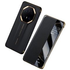For Huawei Mate 70 RS Ultimate Case Genuine Cow Leather View Window Smart Phone Cover - Black