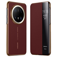 For Huawei Mate 70 Pro+ / Mate 70 Pro Case Genuine Cow Leather View Window Smart Phone Cover - Red