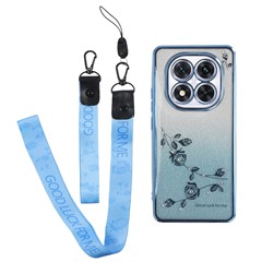 KADEM For Xiaomi Redmi Note 14 Pro 5G / Poco X7 5G Case Flower Pattern TPU Gradient Phone Cover with Lanyards - Blue