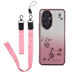 KADEM For Honor 200 5G Case Flower Pattern TPU Gradient Phone Cover with Lanyards - Rose Gold