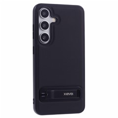 X-LEVEL For Samsung Galaxy S25 Phone Case Leather Coated PC TPU Back Cover with Metal Kickstand - Black