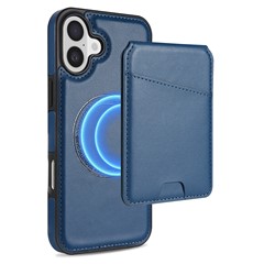 For iPhone 16 Case Compatible with MagSafe Detachable Card Holder Kickstand Leather Phone Back Cover - Blue