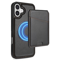 For iPhone 16 Plus Case Compatible with MagSafe Detachable Card Holder Kickstand Leather Phone Back Cover - Black